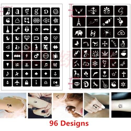 96pcs Resuable Henna Tattoo Stencil Kit Cat Heart Unicon Glitter Tattoo Stencil for Kids Girls Boys Airbrush Tattoo Schablone
