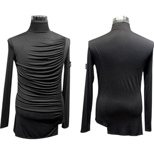 Black Latin Dance Tops For Men Long Sleeve M-XL Soft Modal Folds Cha cha Rumba Samba Adult Ballroom Top Male Shirts