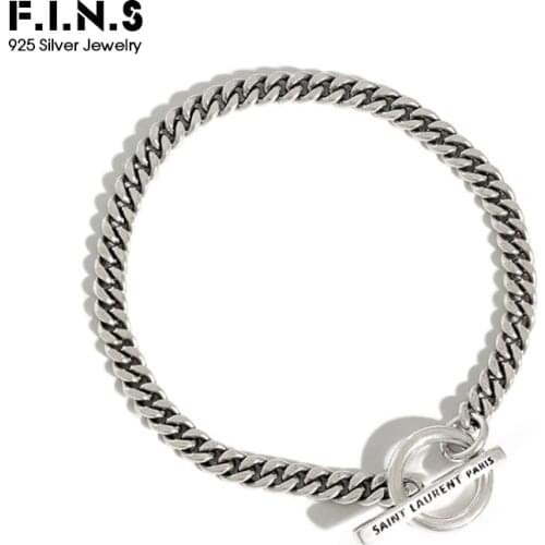 F.I.N.S Korean S925 Sterling Silver Bracelet Retro Old Geometric Circle Bar Link Chain Bracelet Silver Female Costume Jewelry