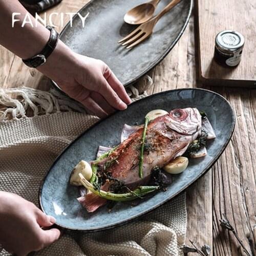 FANCITY Ceramic Fish Plate Household Steamed Fish Plate Creative Large Dish Plate Oval Plate Large Personalized Fish Plate New