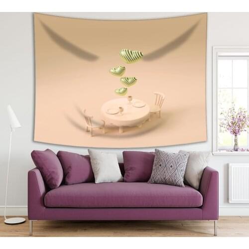 Tapestry Dinner with Love Heart Shaped Balloons on Romantic Dining Table Valentine Cartoon Artwork Green Beige