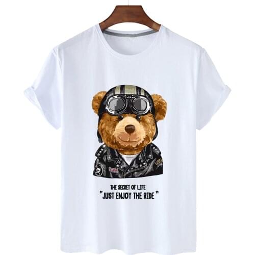 Cotton Car Sunglasses Bear Print Short Sleeve O-neck Loose High Quality T-shirt Ladies Oversized T-shirt Men And Women S-3xl