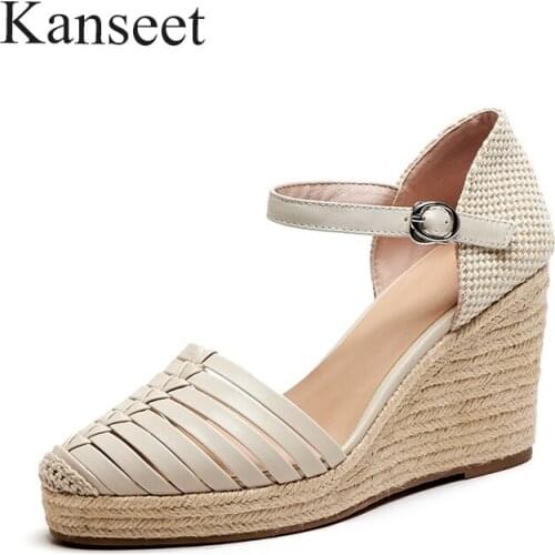 Kanseet New Platform Shoes Women Summer 2021 Womens Sandals Weave High Heel Wedges Elegant Handmade Buckle Strap Beige Footwear