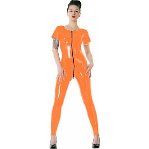 Women Short Sleeve Wet Look PVC Catsuit Faux Leather Jumpsuit Front Zipper Skinny Female Elastic Bodycon Open Crotch Bodysuit