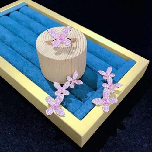 Pink color cute romantic 925 sterling silver with cubic zircon butterfly ring and earring jewelry set fine women jewelry