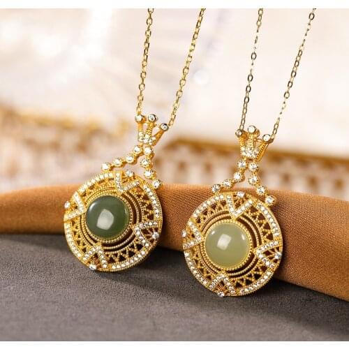 S925 sterling silver gold-plated natural Hetian jade gray jade pendant personality affordable luxury hollow crown pattern