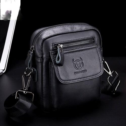 Mens genuine leather shoulder messenger top layer cowhide business casual Korean style vertical student mini cashier bag