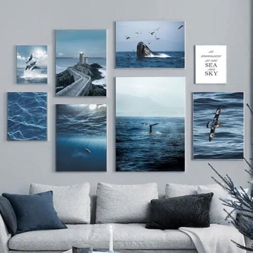 Ocean Whale Sea Bird Jellyfish Tower Wall Art Canvas Painting Posters And Prints Living Room Decoration Blue Nordic Style Decor