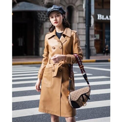 Autumn and Winter New Haining Medium Length Sheepskin Coat Womens Lace Up Slim Fitting Leather Windbreaker