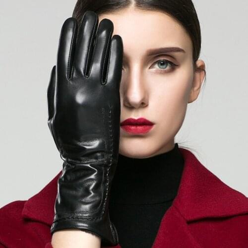 Genuine Leather Gloves Female Mid-Length Style Autumn Winter Warm Plushed Lined Classic Black Women Goatskin Leather Gloves 31L