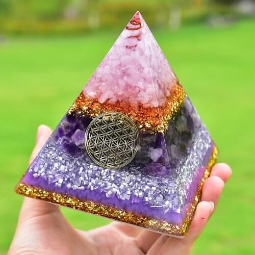 3.9 Inch Handmade Orgonite Pyramid Rose Quartz And Amethyst Reiki Healing Positive Energy Generator Orgone Chakra Meditation