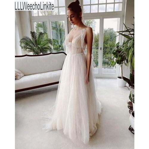 Ivory Tulle Beading V-Neck A-Line Wedding Dress Chapel Train Floor-Length Spaghetti Straps Bridal Gowns Custom Made