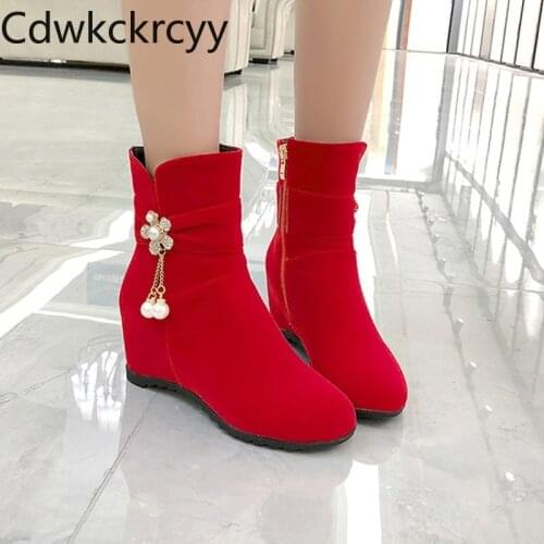 Winter The New fashion Round head Increase within Womens boots child student Plus velvet Keep warm High heel Women boots 34-43