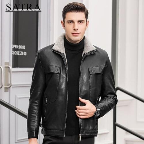 SATRA 2021 New Arrival High Quality Thick Leather Jacket Mens Winter Autumn Mens Jacket Fashion Faux Fur Collar Windproof Warm