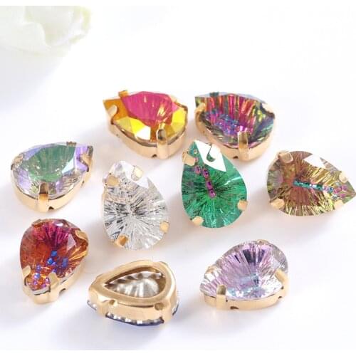 10x14mm Teardrop Glass Sew On Rhinestones With Gold Claw K9 Crystal Stones Clothing Decoration For Diy Fabric Sewing Supplies