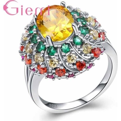 Stylish Gorgeous Luxury Style Colorful Crystal Cubic Zirconia With Yellow Stone 925 Sterling Silver Rings For Women