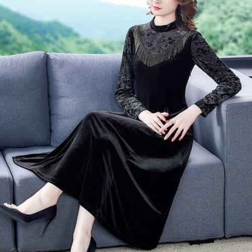 Black Gold Velvet 5XL Plus Size Tassel Dress 2021 Spring Autumn Casual Vintage Maxi Dresses Elegant Women Bodycon Party Vestidos