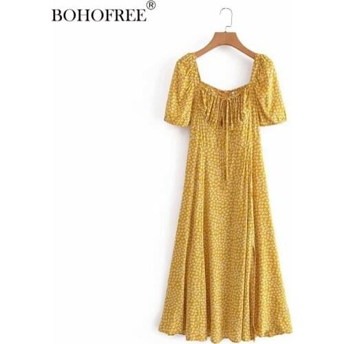 Autumn New Yellow Daisy Floral Print Long Dress Split Hem Short Sleeve Maxi Hippie dresses for women summer dress women