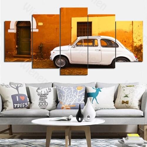 5 Pieces Living Room Wall Art Canvas Print Poster Nostalgic Street View White Car Landscape Home Decor Mural Painting Frameless
