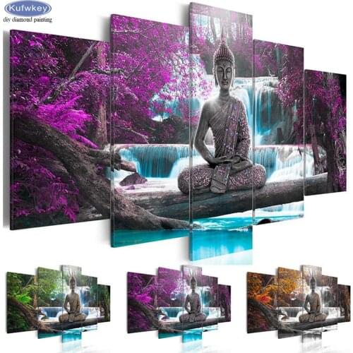 5d diy diamond painting Waterfall Buddha cross stitch 5 pcs/set diamond embroidery religious full square drill mosaicrhinestone