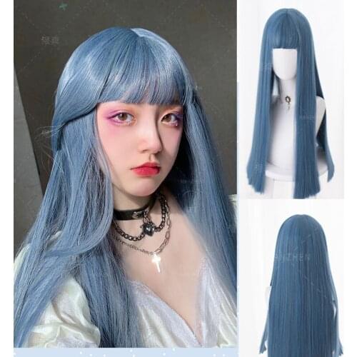 60cm Harajuku Kawaii Lolita Wig Girl Sweet Long Straight Bangs Synthetic Cosplay Hair Wig + Wig Cap