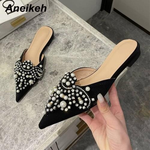 Aneikeh 2021 Summer Women Shoes String Bead Sexy Bling Slides Flock Fashion Casual Slippers Pointed Toe Low Heels Size 35-39