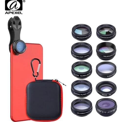 APEXEL 10in1 CellPhone Camera Lens Kit Wide Angle&Macro Lens+Fisheye Lens Telephoto Lens CPL/Flow/Star/Kaleidoscope for phones