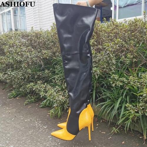 ASHIOFU Handmade Thigh High Boots Women Real Photos Sexy High Heel Over Knee Boots Patchwork Stiletto Fashion Over-Knee Boots
