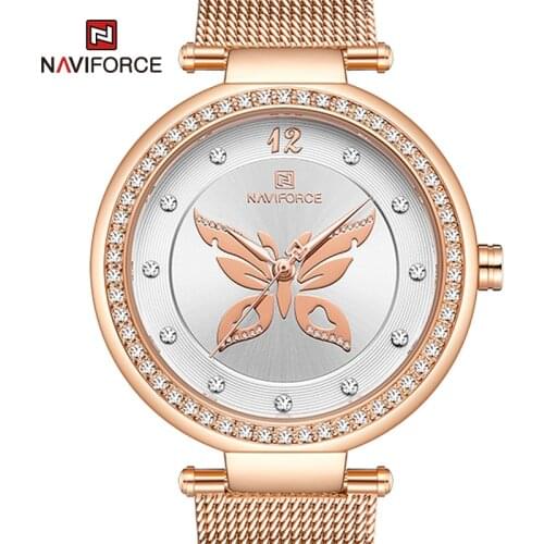 NAVIFORCE Elegant Womens Quartz Wrist Watch Luxury Creative Design Rose Gold Ladies Watches Waterproof Mesh Steel Band Bracelet