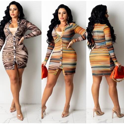 Elegant Turn-down Collar Mini Shirt Women Dress Sexy Print Sheer Mesh See Through Bodycon Club wear Party Dress Robe Lounge