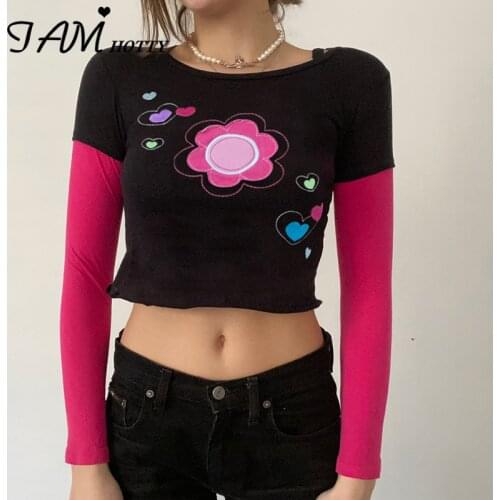 Y2k Contrast Patchwork Floral Embroidery Fake Two T-shirt Women Harajuku Cute Frill Long Sleeve Crop Top Tee Girls 90s Iamhotty