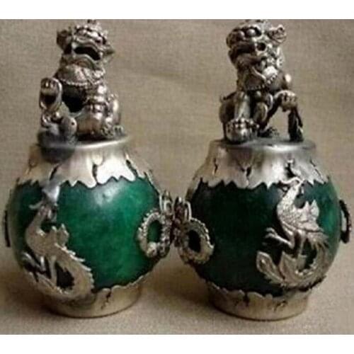 Chinese Pair of Tibet Silver Dragon Jade Foo Dog Statue