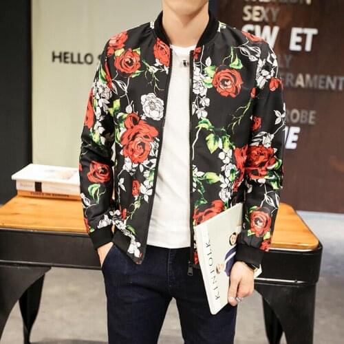 Men Flowers Print Cotton Twill Autumn Casual Bomber Jacket Spring Pockets Slim Fit Jaqueta Masculina Coats