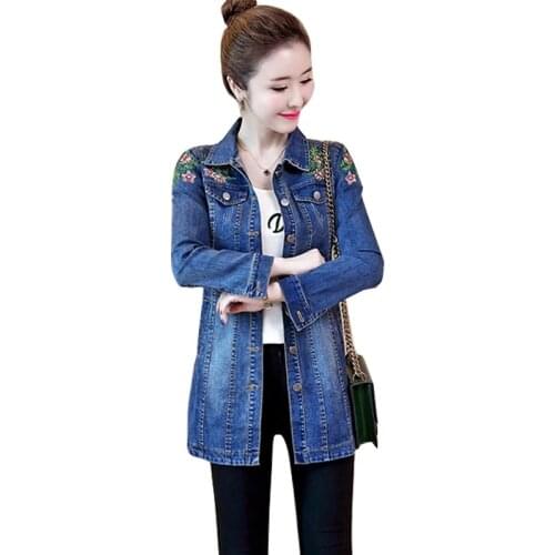 2021New Spring Autumn Female Denim Jacket Embroidered Flowers Mid-Length Jean Outwear Womens Single-Breasted Slim Trench Coats
