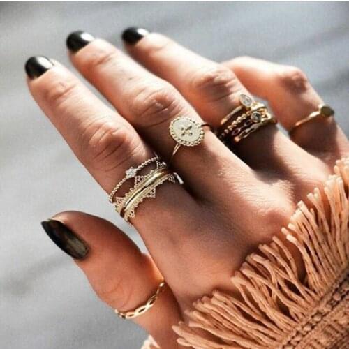 8 pc/set Bohemian Gold Color Cross Flower Rings Set for Women Geometric Alloy Knuckle Midi Rings Boho Jewelry
