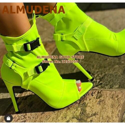 ALMUDENA Neon Yellow Elastic Lycra Fabric Ankle Boots Stiletto Heel Buckle Strap Open Toe Dress Shoes Women Sandal Booties Pumps