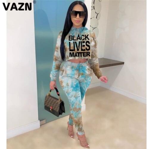 VAZN New 2020 Casual Sexy Hooded Two Piece Set Tie dye 2 Piece Set Women Full Sleeve Full Pant Autumn Sets