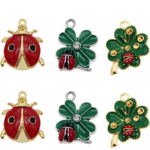 Cute 6pcs Beautiful Clover Ladybug Baby Jewelry Alloy Gold Base Enamel Necklace Bracelet Pendant Charms Kids Jewelry Crafts