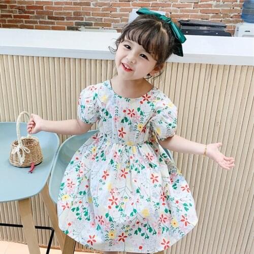 Girls floral dress 2021 new flowers fashion childrens clothing baby girl backless puff sleeve cotton princess dress