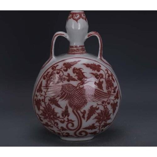 Yuan dynasty glaze red phoenix wearing wrapped lotus and moon flat vase