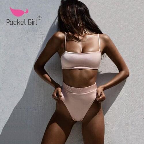 Pocket Girl 2020 Solid Sexy String Bikini Women Swimwear Summer high waist Two Piece Set Swimsuit Hatler Swimsuit Female Biquini