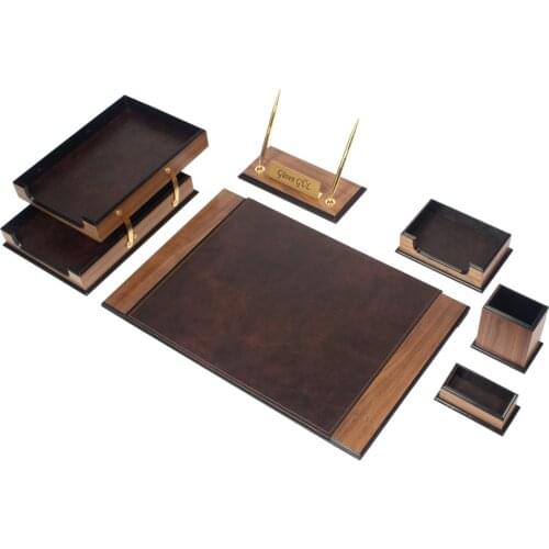Luxury Wooden&Leather Prestige 8 Pieces Desk Set Desk Organizer Office Accessories Desk Accessories Desk Pad Document Tray