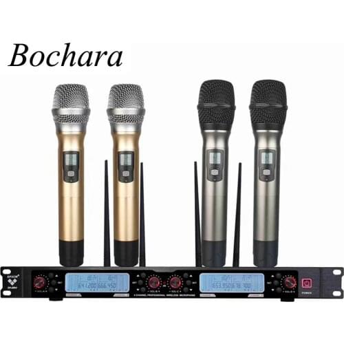 Bochara Professional Wireless UHF Microphone System 4 Microphones Transmitters+LCD Receivers