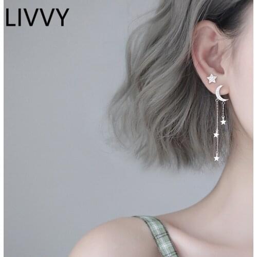 LIVVY Silver Color Moon And Star Zircon Tassel Asymmetric Earrings Women Simple Fashion High Quality Exquisite Elegant Jewelry