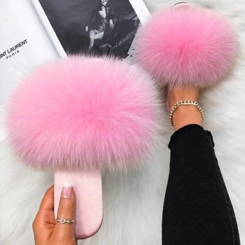 Womens Slippers Summer Sandals Real Fox Fur Slides Fluffy Flip Flops Silk Furry Fur Slippers Elegant Indoor Cozy Flat Shoes