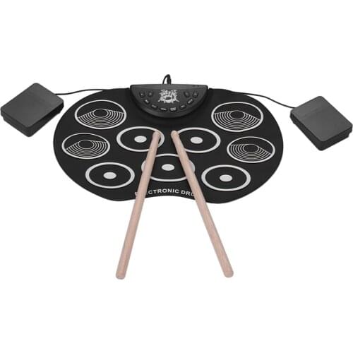 Electronic Drum Kit Roll-Up Drum Set 9 Silicon Drum Pads USB/Battery Powered with Drumsticks Foot Pedals for Children Kids