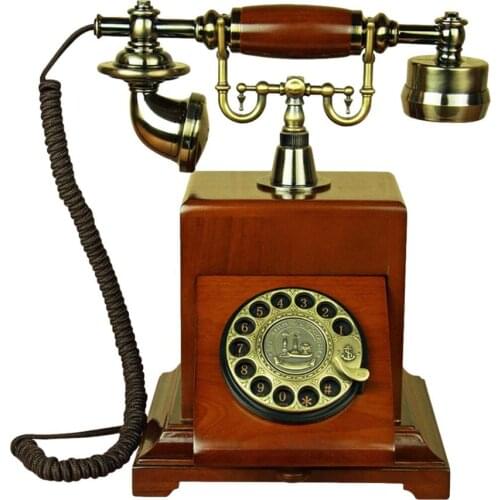 Antique Telephone Wooden Corded Telephone Decorative Landline Classic Rotary Dial with Hanging Headset for Home Hotel Bar