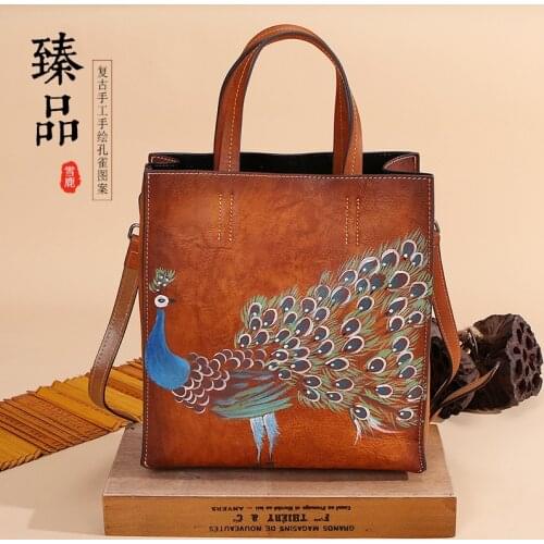 Womens Bags 2020 New Retro Leather Handbags Hand-Painted Peacock Tote Female Head Layer Cowhide Single Shoulder Diagonal Bag