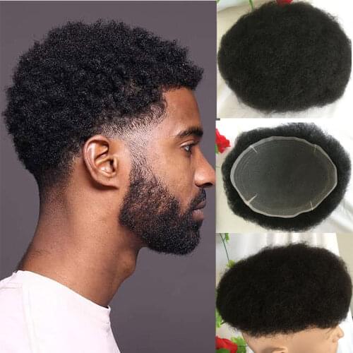 Toupee 10x8 Inch Replacement Full Siwss Lace Hairpiece for Men 100% Virgin Human hair #1B Color Afro Curly Toupee Men Wig Curly