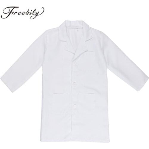 Unisex Children Kids White Lapel Long Sleeves Nurse Uniform Lab Coat Girls Boys Halloween Roleplay Party Doctor Costume